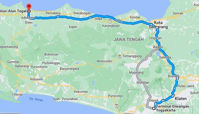 Jadwal Bus Jogja Tegal Senin Besok, dan Waktu Perjalanan Normalnya. (capture google maps)