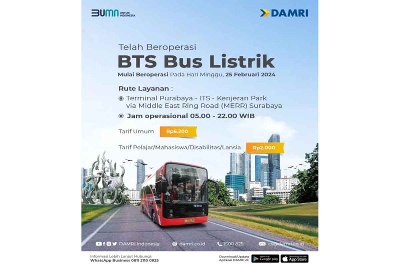 Jadwal Bus Listrik BTS Surabaya via Terminal Purabaya dan ITS per Februari 2024. (Instagram @damriindonesia)